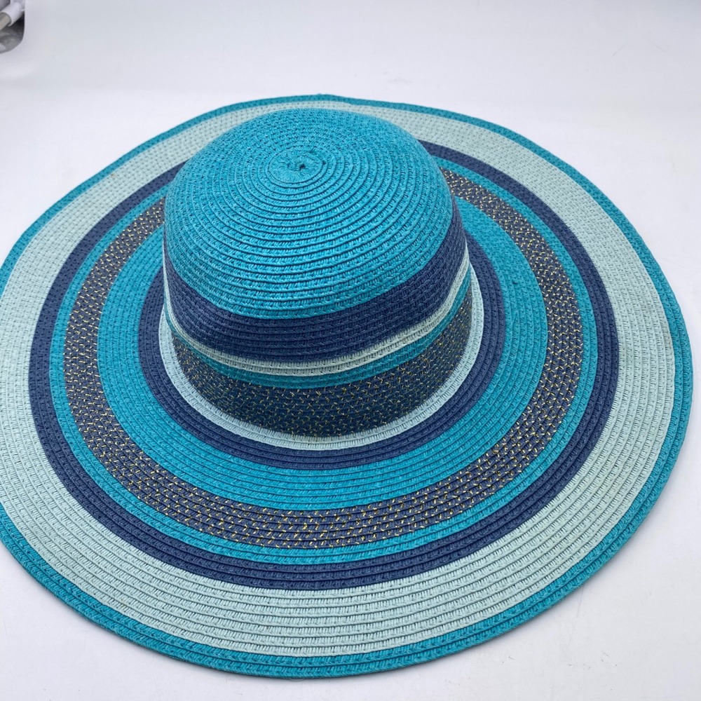 Chatties Blue Striped Floppy Sun Hat Womens One Size Gold Metallic Woven Straw